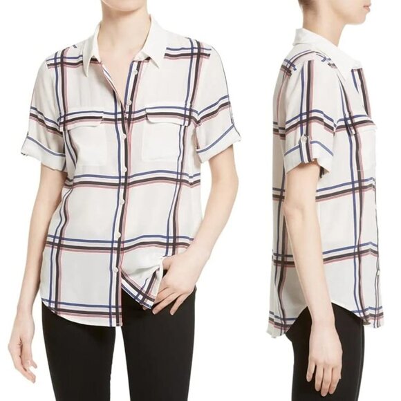 Equipment Femme 100% Silk Short Sleeve Silk Engineered Large Marais Plaid Shirt - Picture 2 of 16